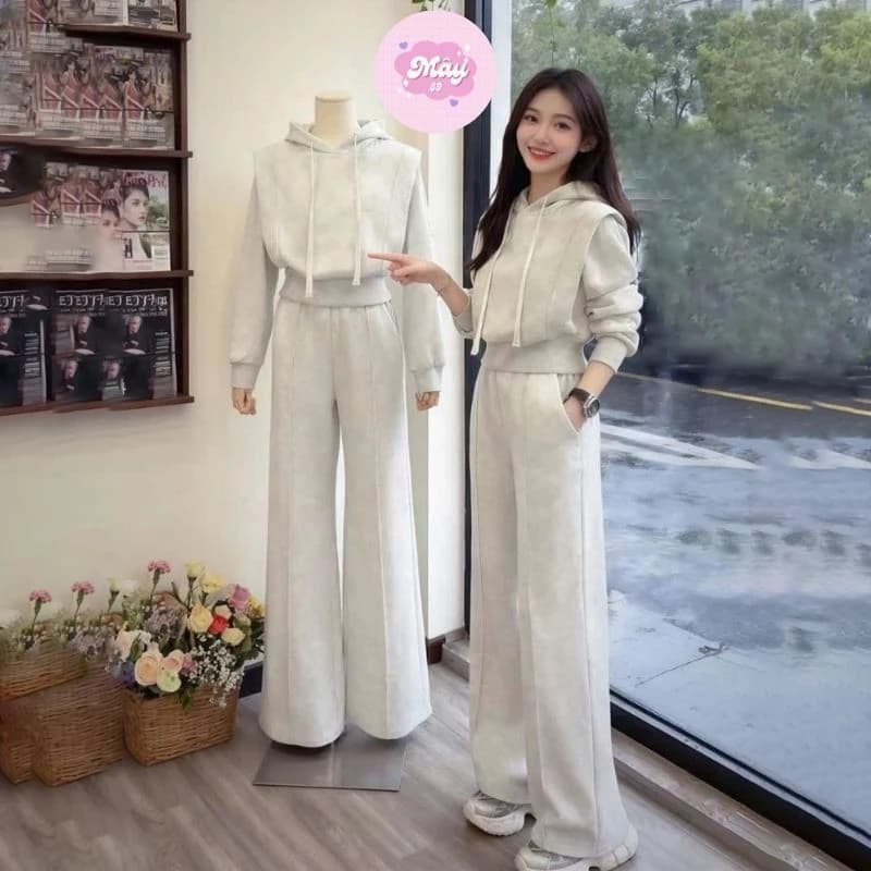 Set Bộ Nỉ 2 Da Áo Hoodie Thể Thao Bo Eo Trần Viền Nổi Tôn Dáng Kèm Quần Ống Rộng Siêu Xinh MS127