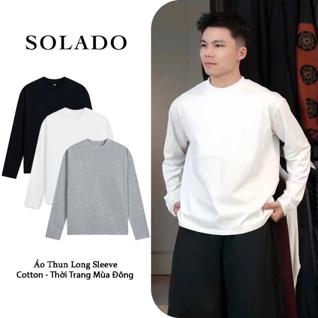 Áo Thun Nam Trơn Dài Tay SOLADO Form Suông Chất Cotton Co Giãn 2 Chiều Đen Trắng ATDT03
