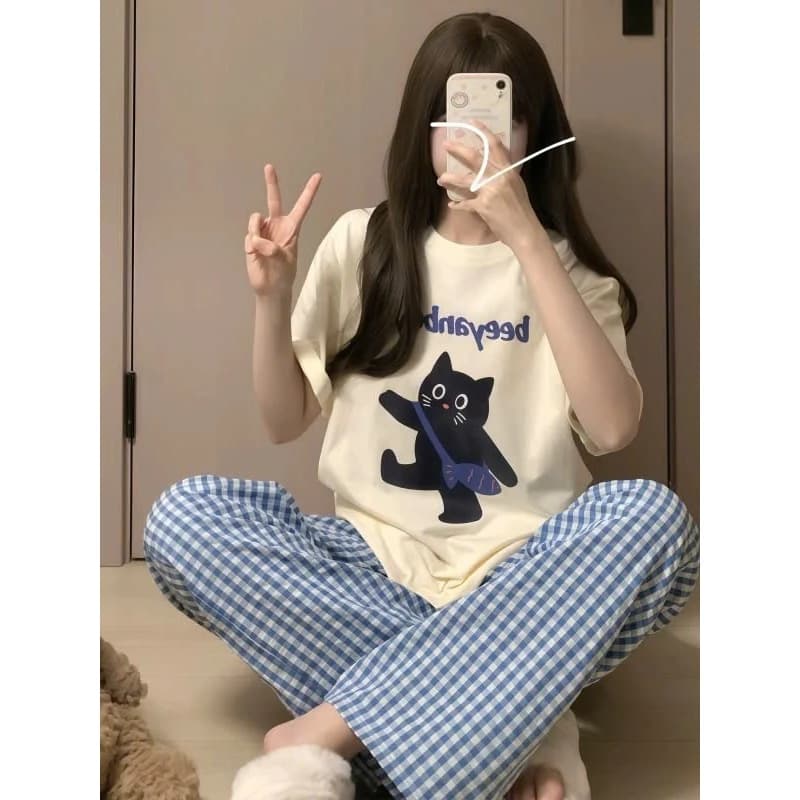 Sét bộ Áo tay ngắn, Quần dài dáng Baggy in hình cute ALICEVN, Đồ bộ mặc nhà, mặc ngủ chất Áo cotton, Quần đũi mềm