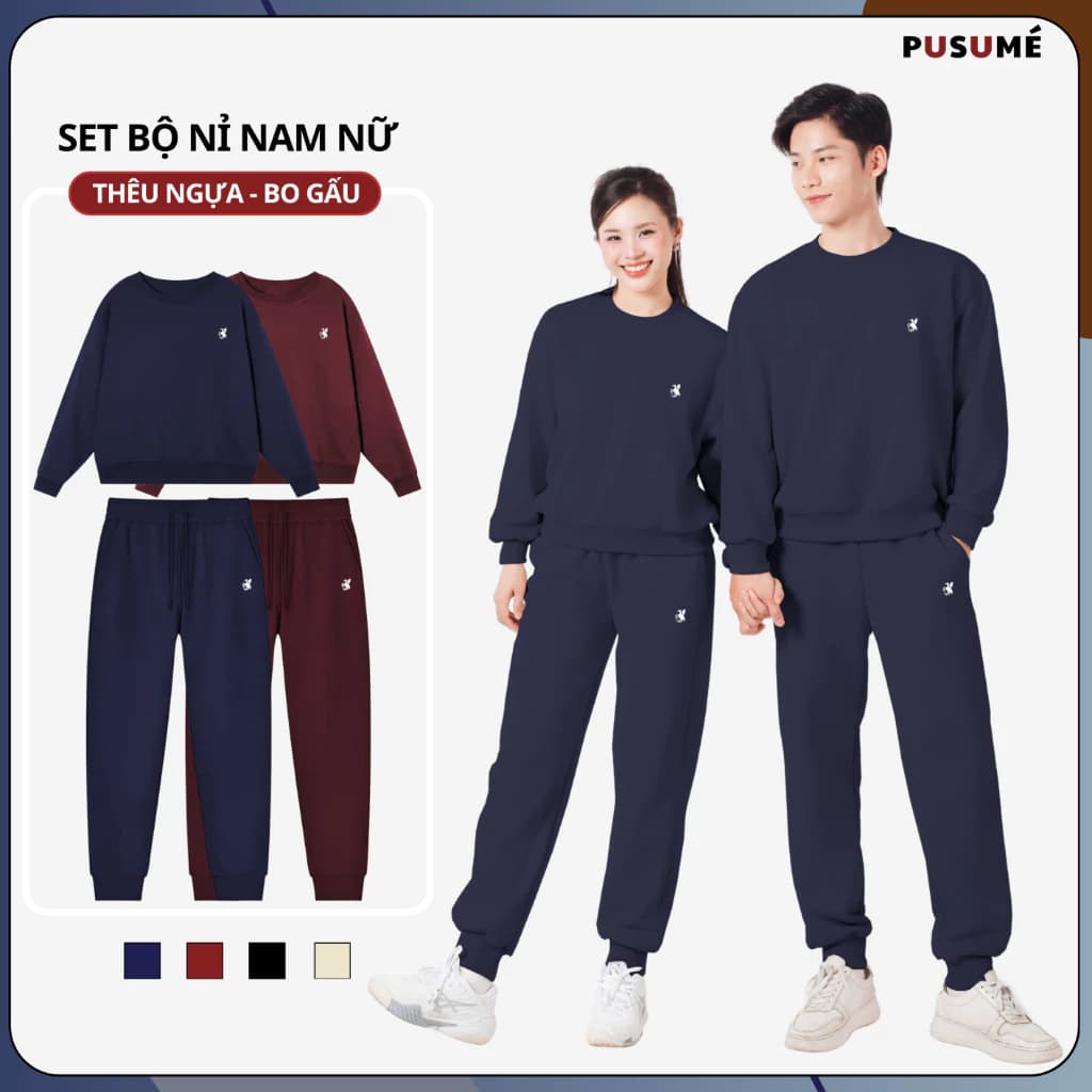 Set bộ nỉ NAM NỮ bo gấu THÊU NGỰA áo cổ tròn mặc thu đông chất liệu nỉ chính hãng không bám lông form basic
