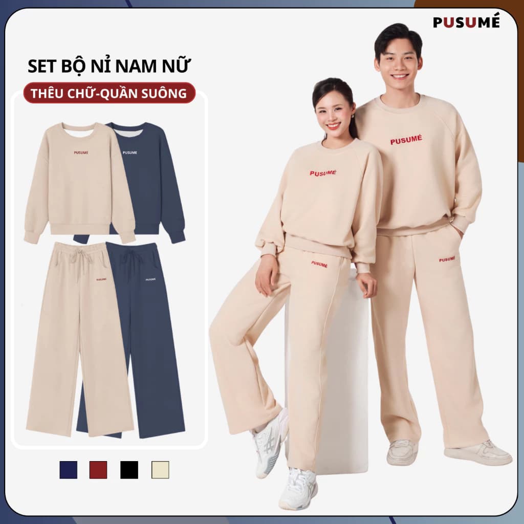 Set bộ nỉ NAM NỮ quần ống suông THÊU PUSU áo cổ tròn mặc thu đông chất liệu nỉ chính hãng không bám lông form basic