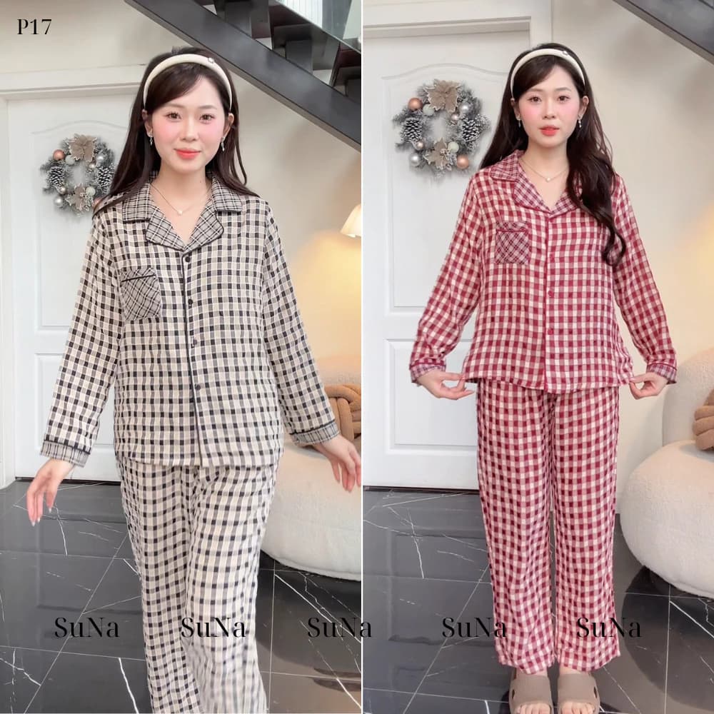 Sét Đồ Bộ Pijama Mặc Nhà _P17, Tay Dài Quần Dài Thiết Kế Phối 2 Màu,Chất Thô Boi Mềm Mại