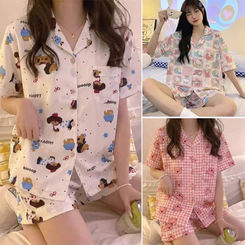 Bộ pijama CỘC ĐÙI kate thái, bộ ngủ áo cộc quần đùi hình cute mềm mát