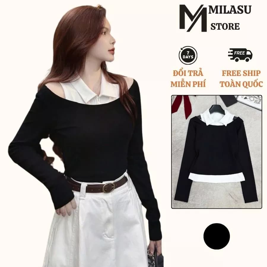 Set Áo Thun Dài Tay Trễ Vai Mix Áo Polo Sát Nách Chát Thun Zip Đẹp Co Giãn Milasu 503