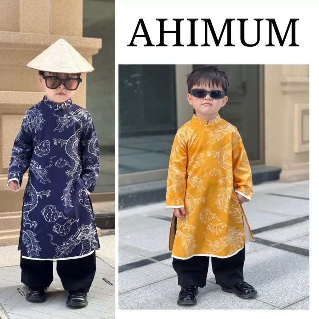 Áo dài Cát Long Ahimum Kids - Áo Dài Tết Cao Cấp Cho Bé Trai - Áo Dài Gấm Chéo Nhăn Tết 2026 LẺ ÁO