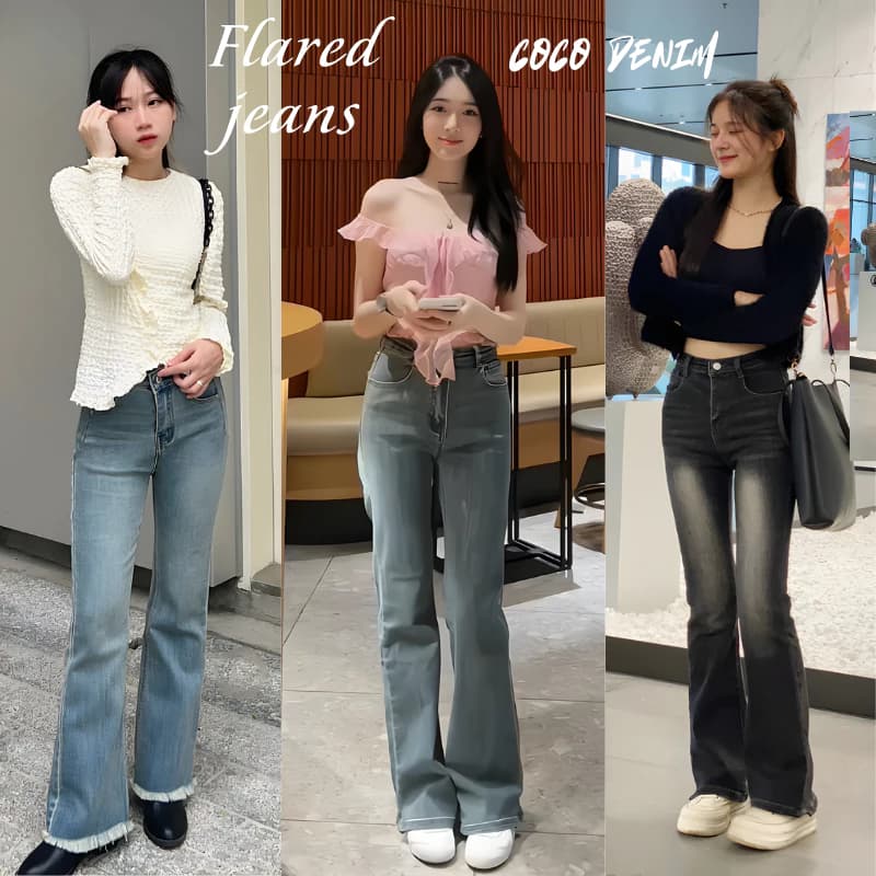 Quần jean nữ ống loe suông Cạp Cao Vintage,Quần bò nữ wash 3 màu SMOKE GREY dáng suông loe phong cách Retro Ulzzang 2025