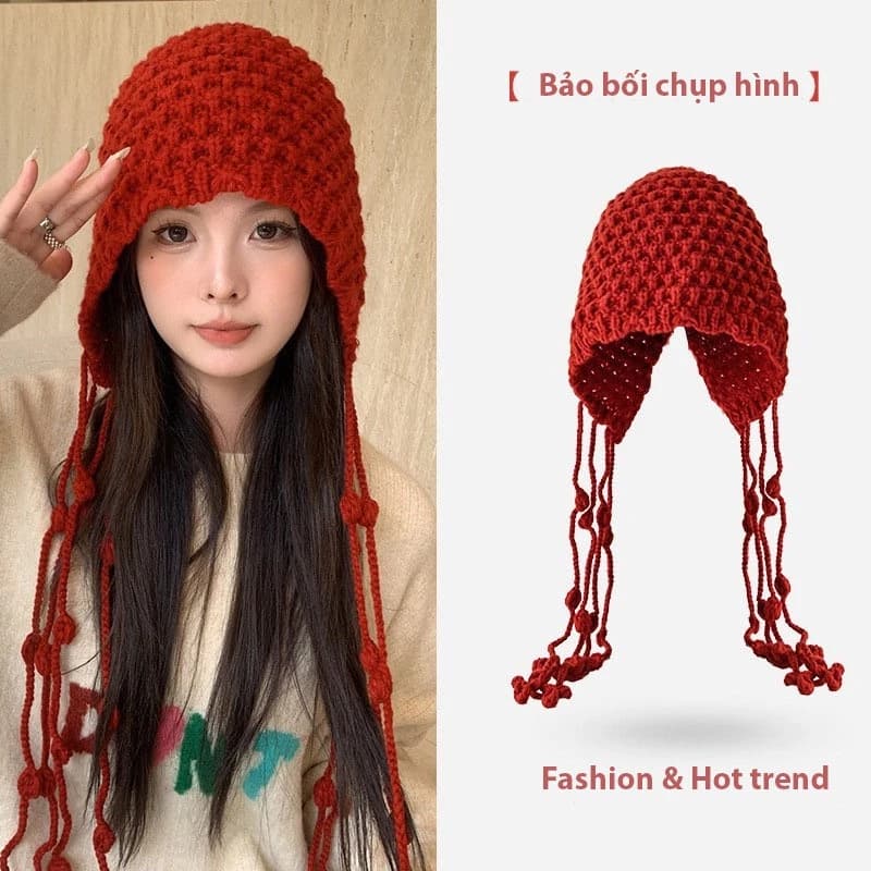 Mũ Len Nữ Móc Thủ Công Dây Tua Rua Phong Cách Boho Vintage – Mũ Len Phụ Kiện Chụp Hình Siêu Xinh
