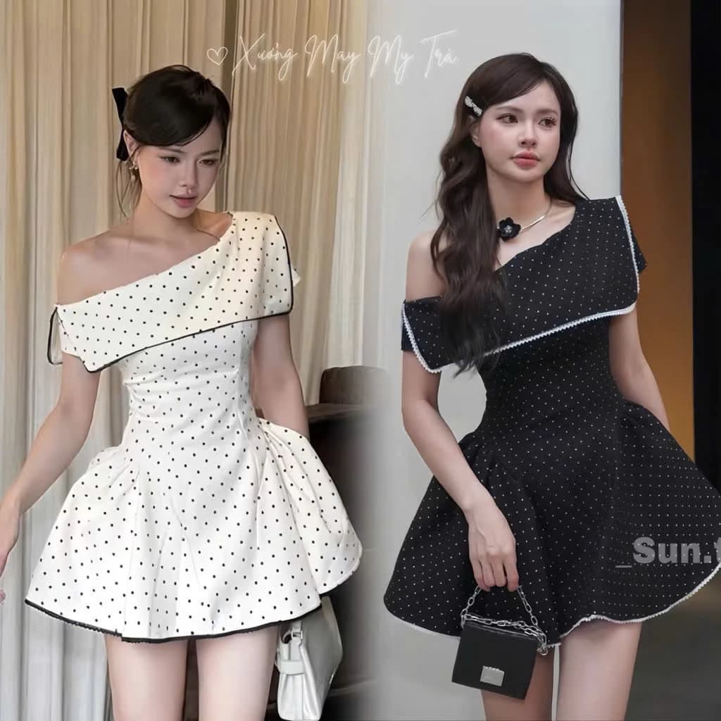 [Bigsize 60-90kg] Váy chấm bi lệch vai mã 522
