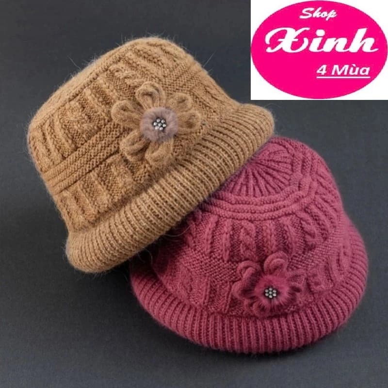 (Mũ Tặng Bà & Mẹ) Mũ Len Thêu Hoa Lót Lông Nhung Cho Nữ Trung Niên Thời Trang Thu Đông (P035SX4M)