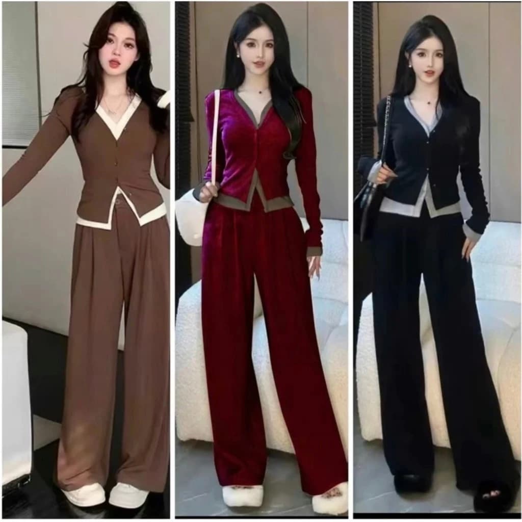 Bộ nữ dài tay, Bộ dài tay cho Nữ Áo Hai Lớp Cúc Cài size 40-60 kg quần xuông ống rộng cạp chun co dãn mặc thoải mái