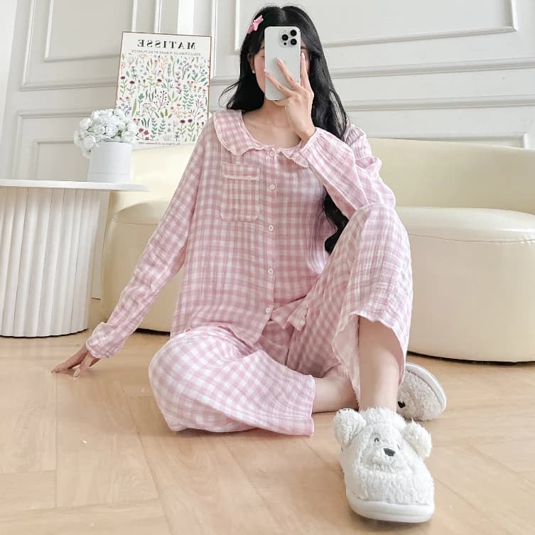 Bộ Đồ Ngủ Tay Dài xô musin áo cổ sen viền ren 100% cotton mềm mại thấm hút mồ hôi tốt