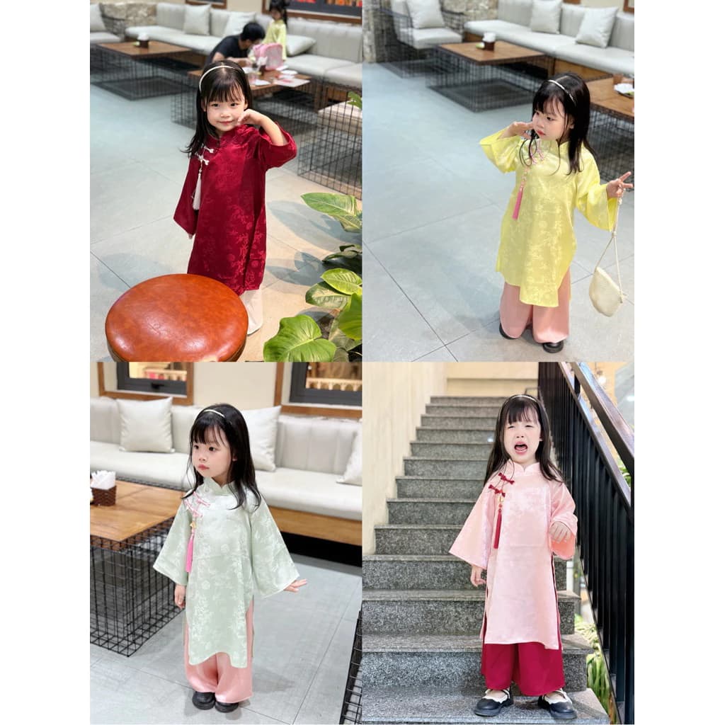 áo dài gấm bé gái set 3 mon bờm ngọc áo dài quần