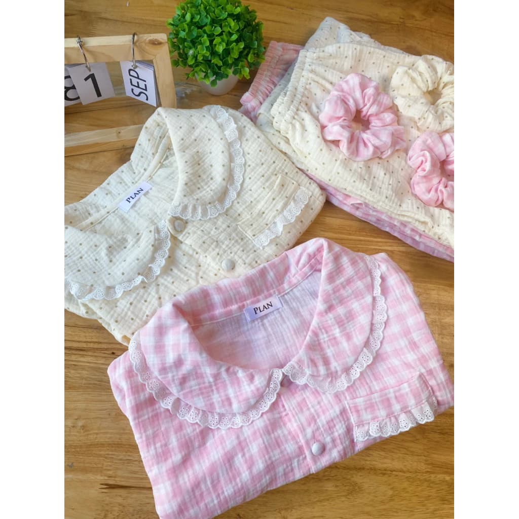 xô muslin - bộ mặc nhà cổ sen -ren ,tay ngắn tay dài 38-75kg