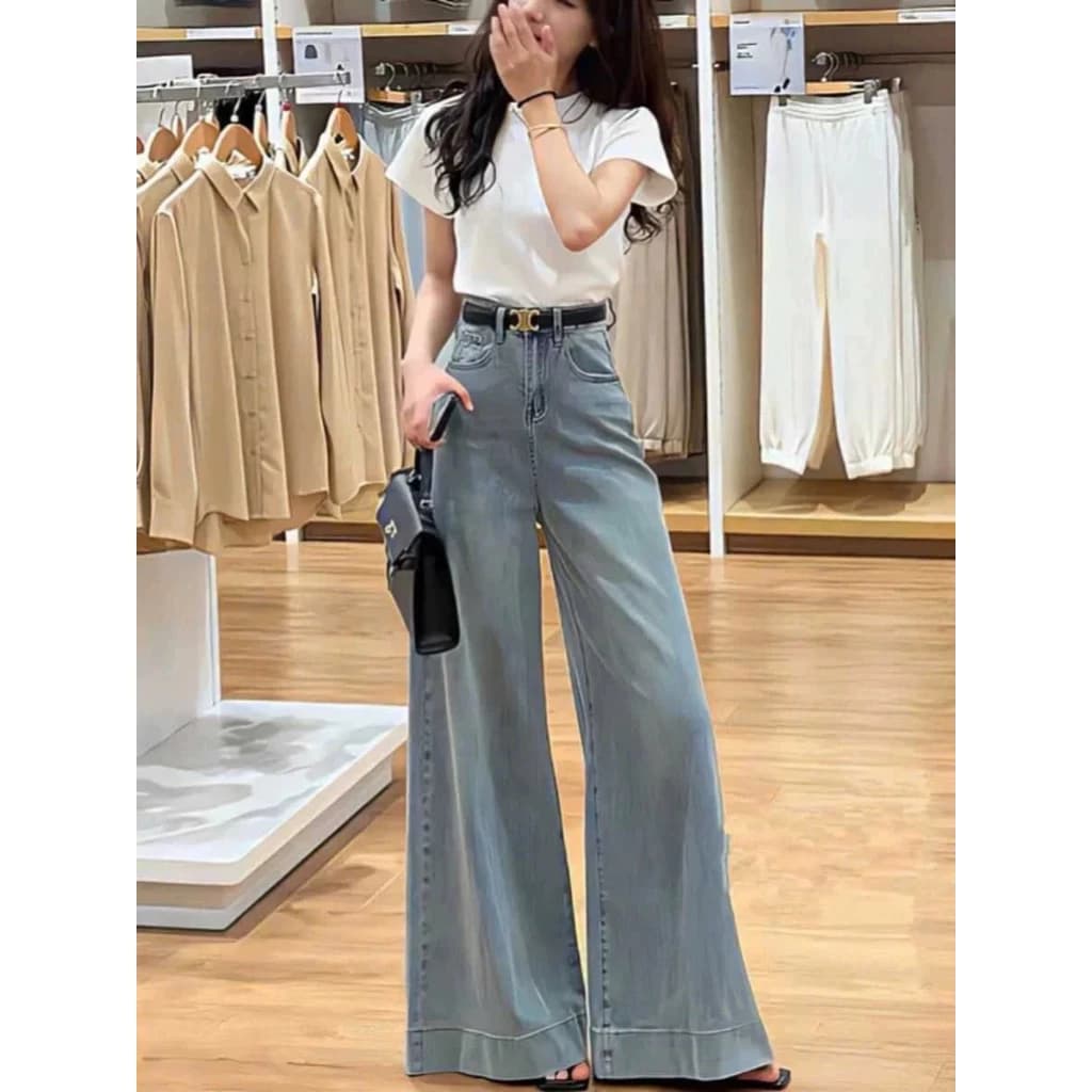 Quần jeans nữ ống rộng, Quần bò nữ form rộng cạp cao gấu to phong cách Retro HOT Mùa Xuân 2025 DV88