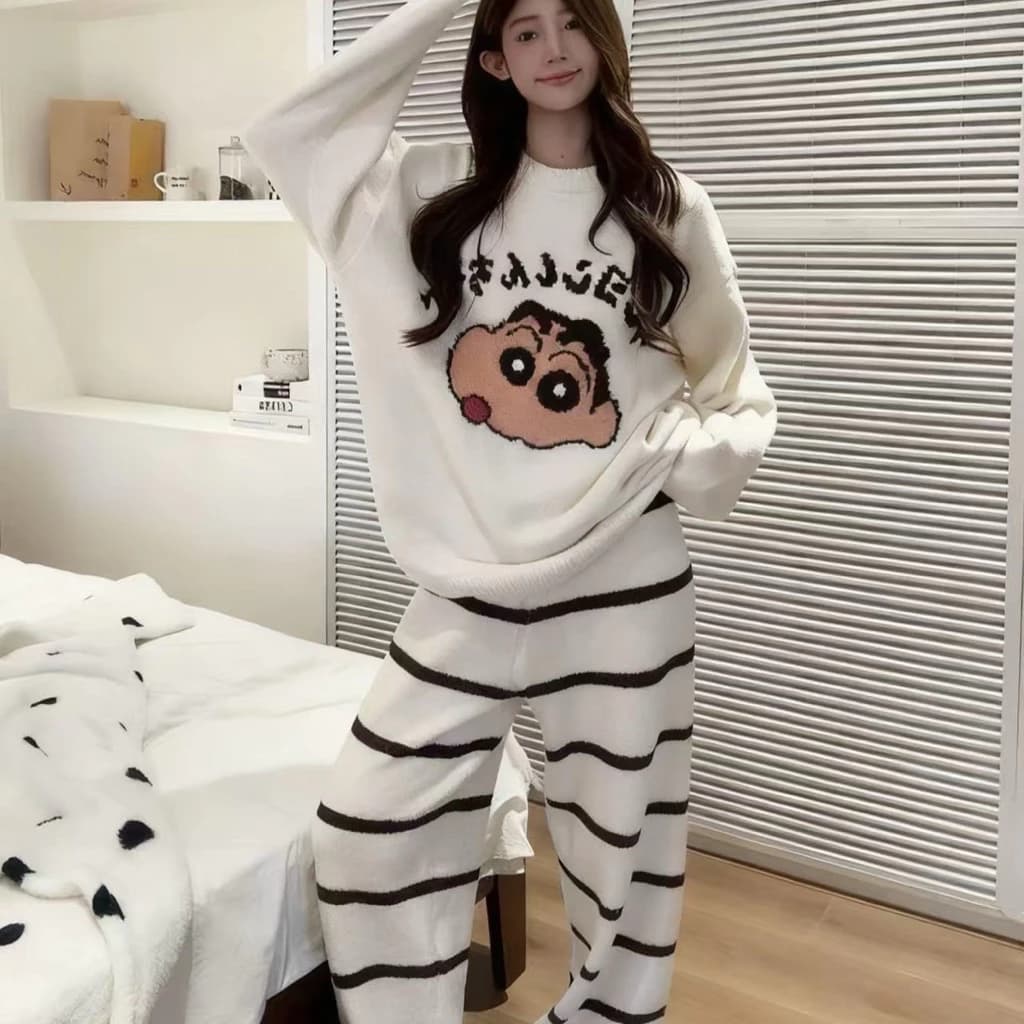 Bộ Đồ Ngủ Mới Cho Mùa Thu Đông, Cổ Tròn Tay Dài, Ấm Áp Và Đơn Giản