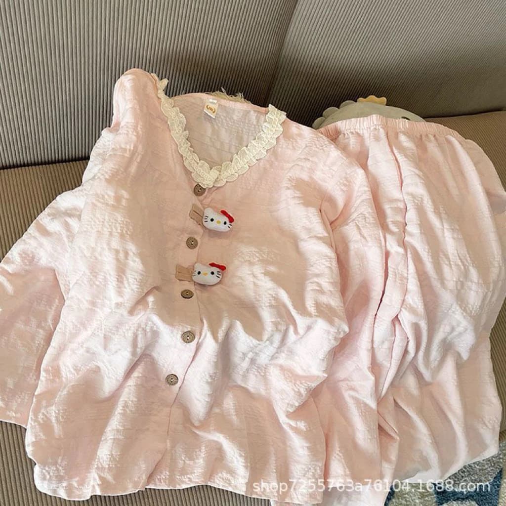Bộ đồ ngủ nữ bèo ren nút thú dễ thương – chất vải muslin mềm mát