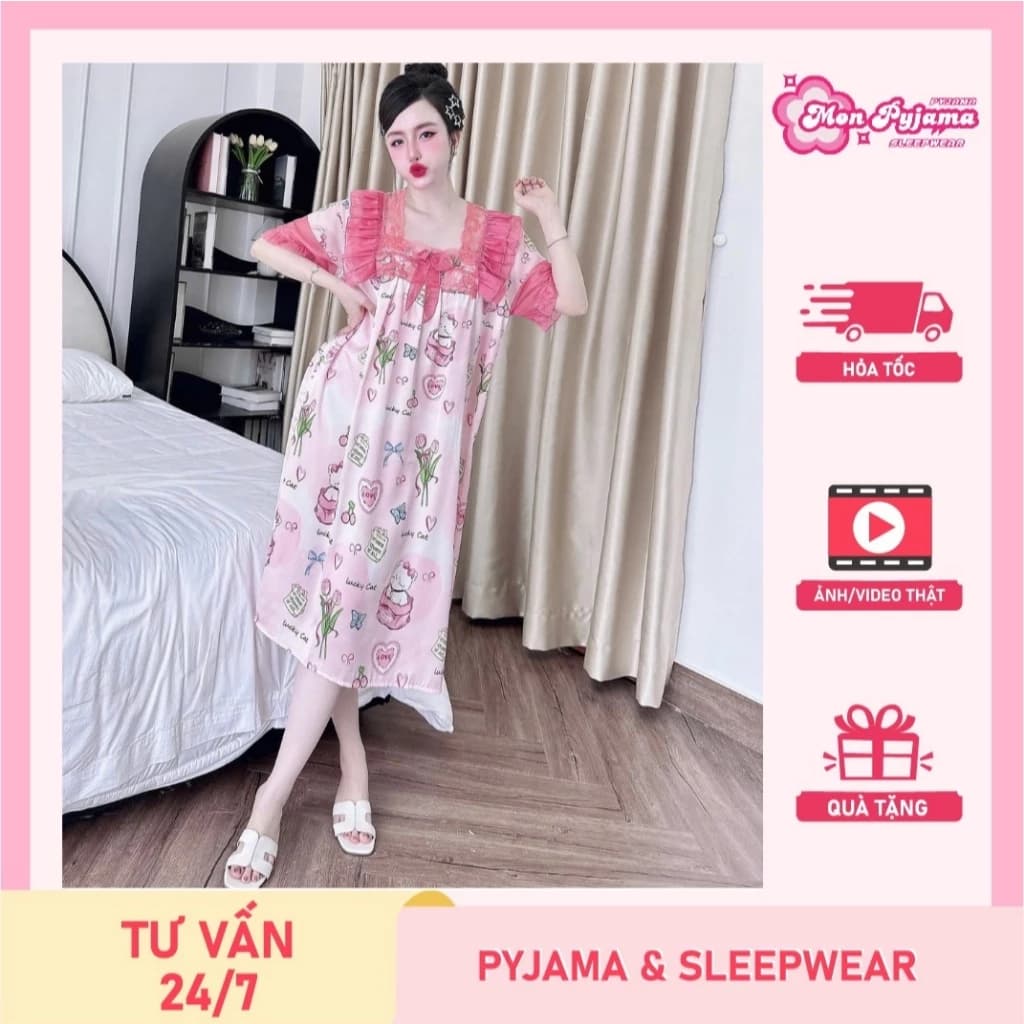 Đầm lụa ngủ, váy ngủ đẹp,đầm ngủ dễ thương,đồ ngủ lụa lạnh cao cấp cho nữ mát họa tiết sang cute[72]