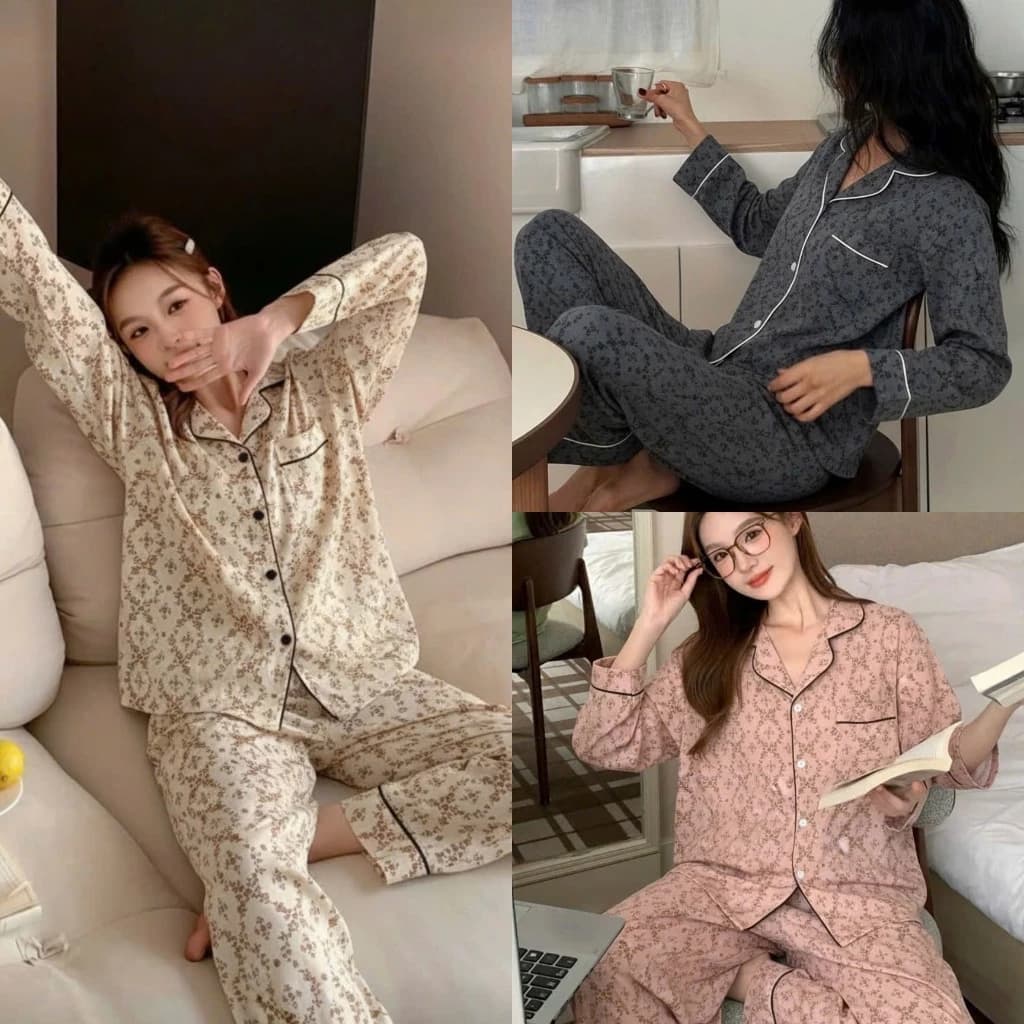 Pijama nữ tay dài viền hoa nhí trơn - Đồ ngủ nữ mặc nhà siêu xinh B64