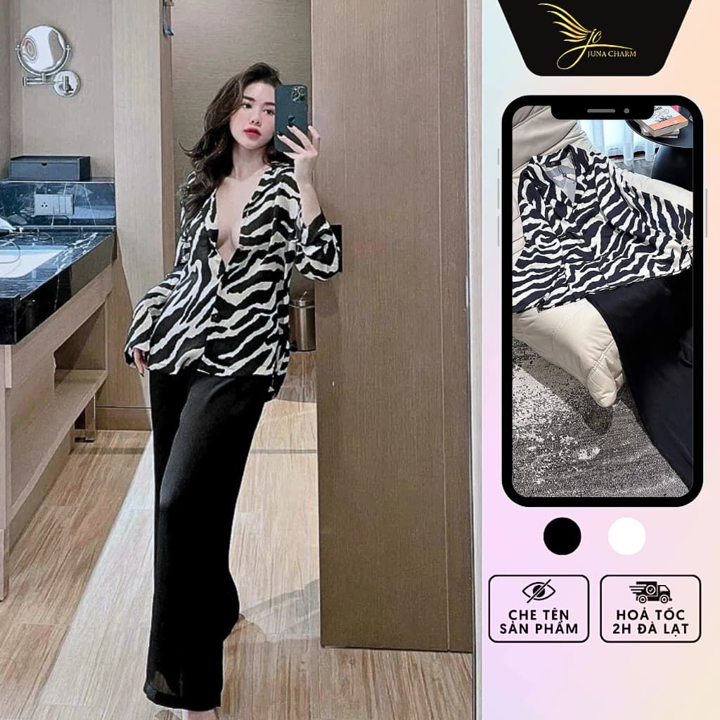 Bộ Pijama Mặc Nhà, Đồ Bộ Dài Họa Tiết Vằn JUNA Freesize Thời Trang Đồ Ngủ Dành Cho Nữ, Chất Vải Lụa Tơ Cao Cấp/SP8956