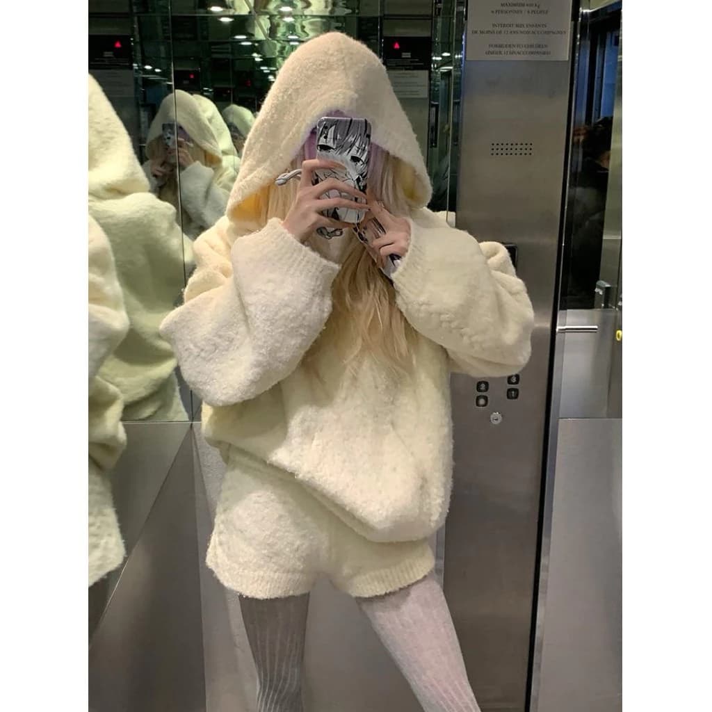 [Order] Set Áo Len Hoodie Mềm Mịn Rộng Rãi Kèm Quần Short Mùa Đông Basic