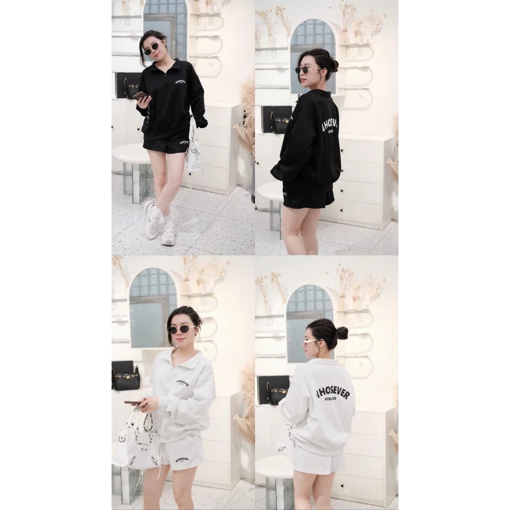 Set Bộ Nỉ Cổ Trụ Nữ CHIDORI Gồm Áo Sweater Và Quần Short From Rộng Logo In Chất Liệu Nỉ Ép Hàn Cao Cấp