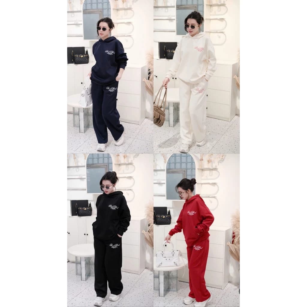 Set Bộ Nỉ Nữ CHIDORI Gồm Áo Hoodie Và Quần Dài Ống Rộng Logo In Chất Liệu Nỉ Ép Hàn Cao Cấp