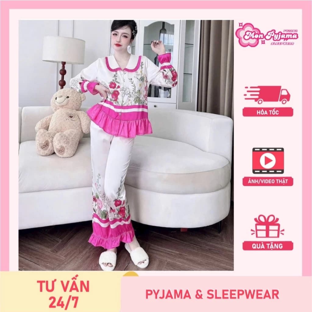 Đồ bộ mặc nhà nữ dễ thương,đồ ngủ tiểu thư,bộ pijama không cài nút lụa  họa tiết cute hottrend [57]