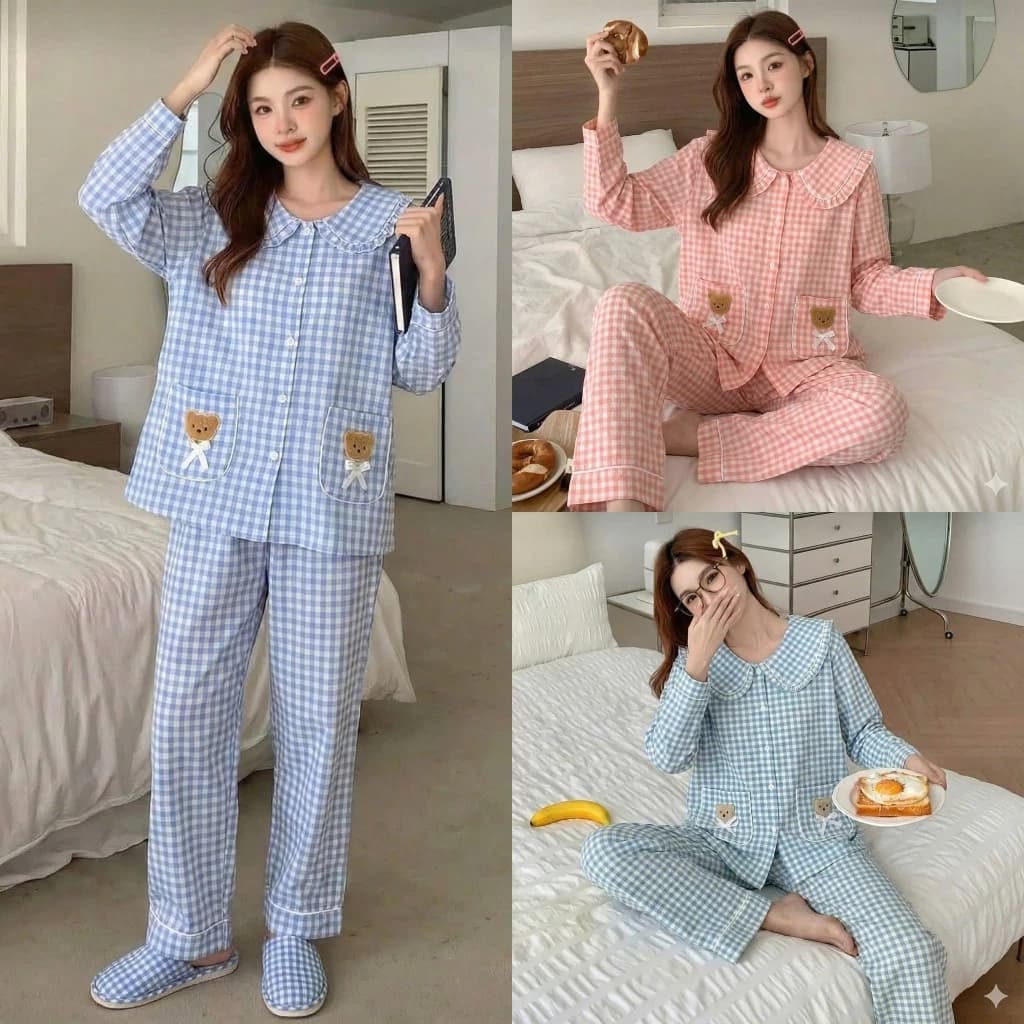 Bộ pijama caro tiểu thư thêu gấu 2 bên túi - Bộ đồ ngủ mặc nhà cổ bèo sen dễ thương