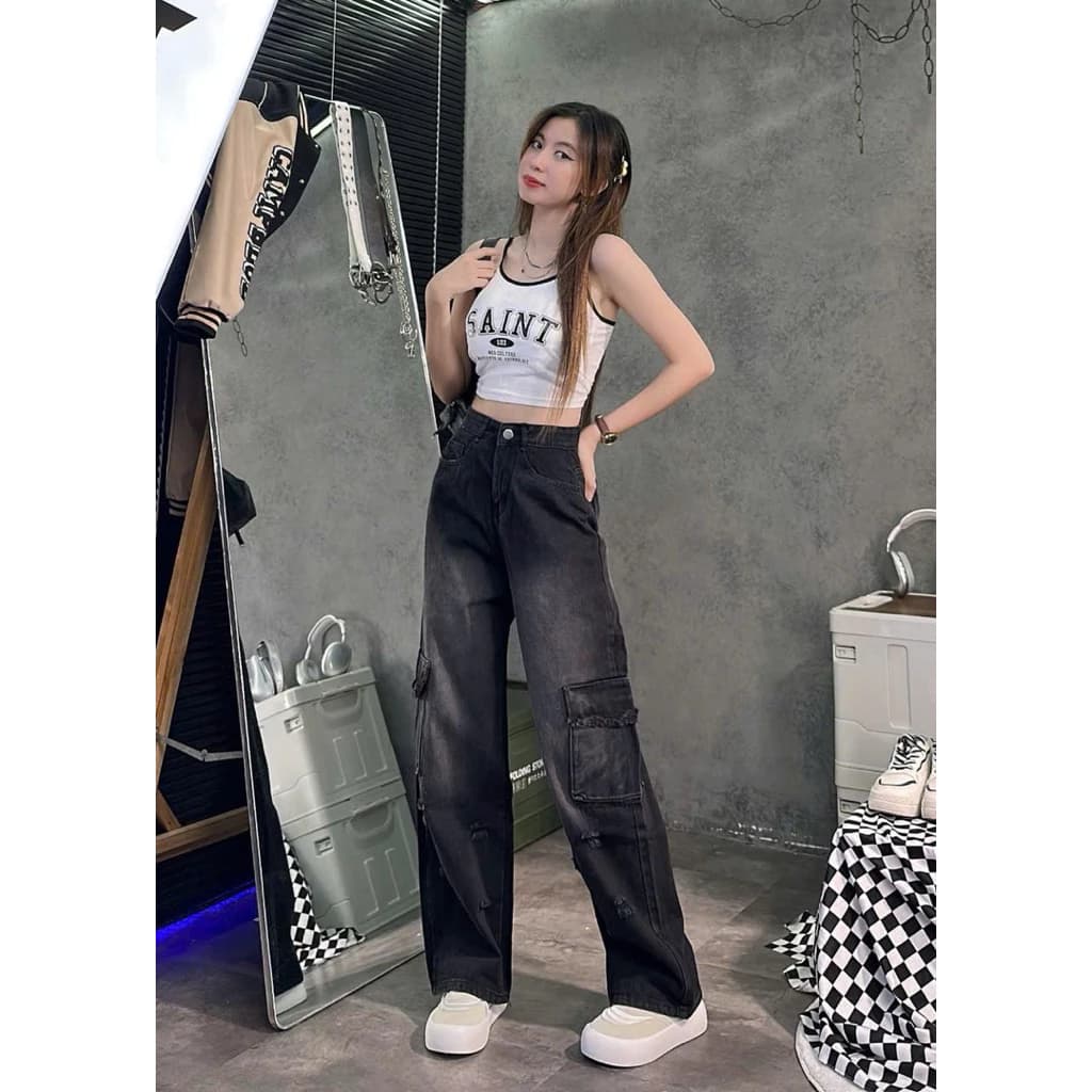 Quần jeans suông túi hộp dáng rộng cạp cao cá tính