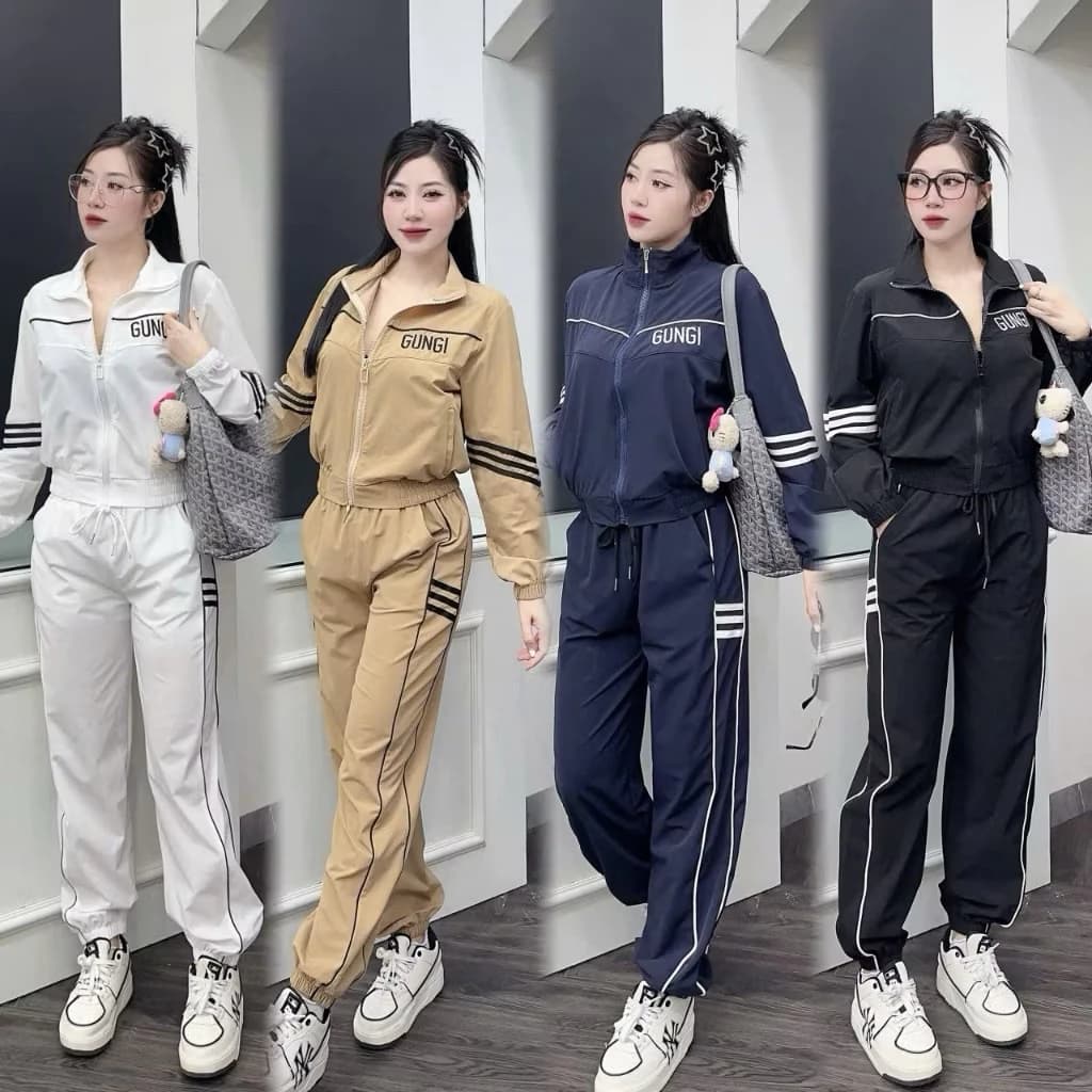 Bộ Gió Lụa Phối Viền Gồm Áo Kèm Quần Bo Gấu Thể Thao Năng Động Cho Nữ