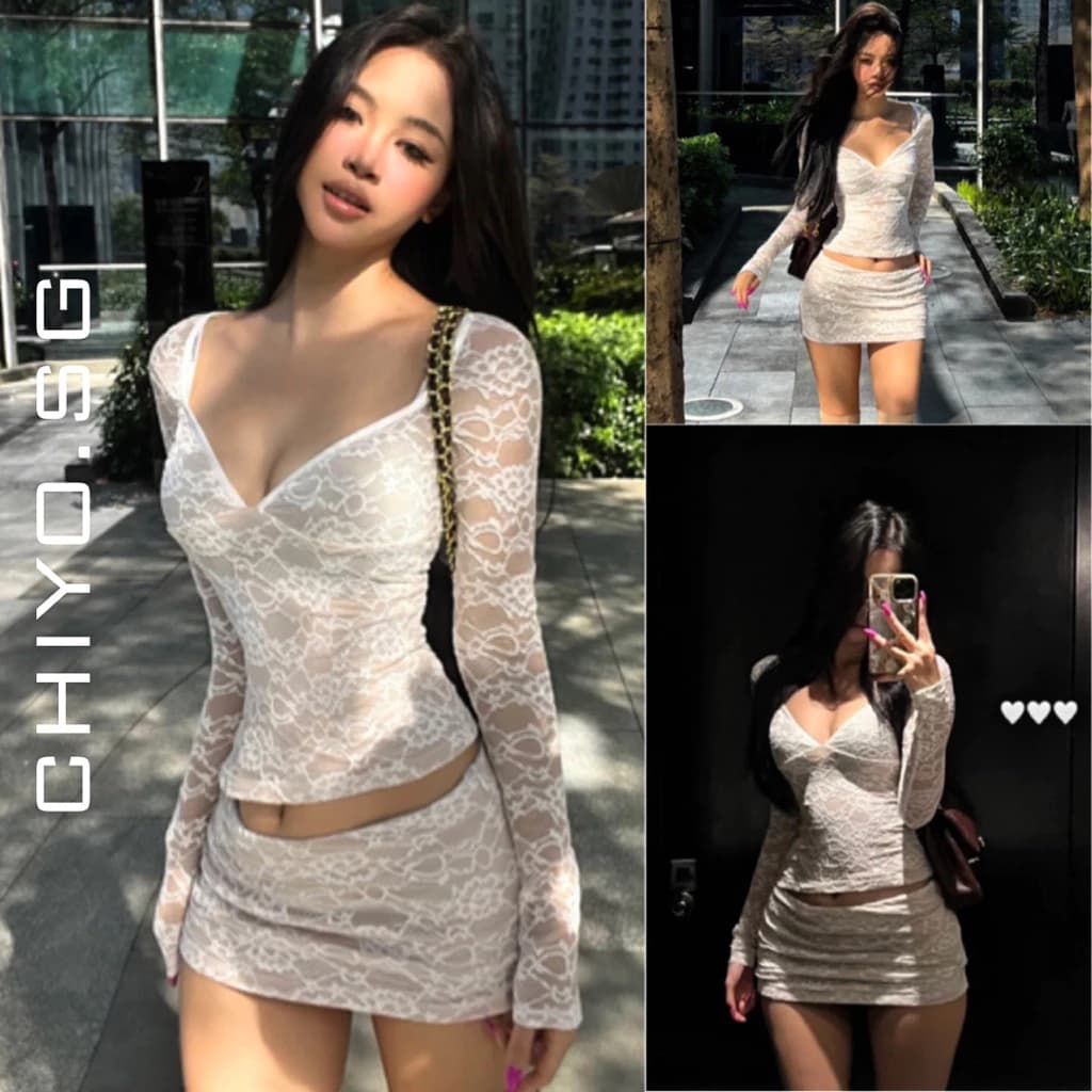 Set 2 món ren hoa đi tiệc CHIYO.SG kèm chân váy y2k phong cách sang chảnh cho nữ