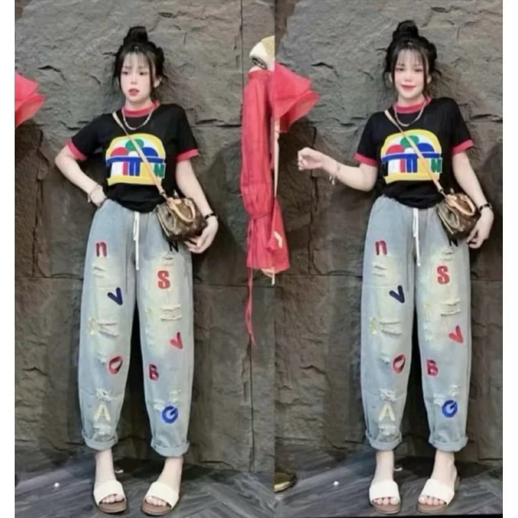 Quần jeans baggy nữ hoạ tiết thêu cạp chun lưng cao mặc thoải mái