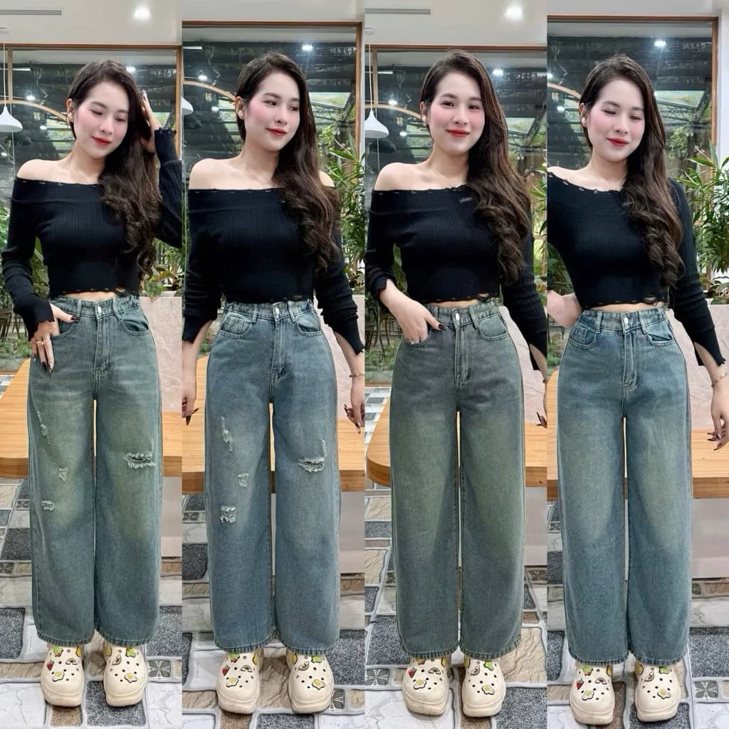 Quần Jeans Suông Ống Rộng Cạp trước khoá Sau Chun Lưng Cao Co Dãn Mặc Hách Dáng Cho Nữ