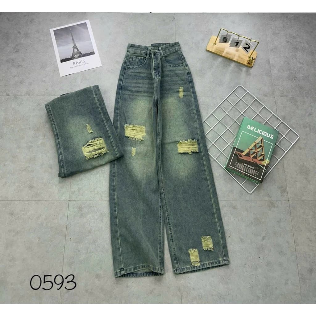 Quần baggy ống suông rách gối,Quần jean nữ cạp cao ống rộng