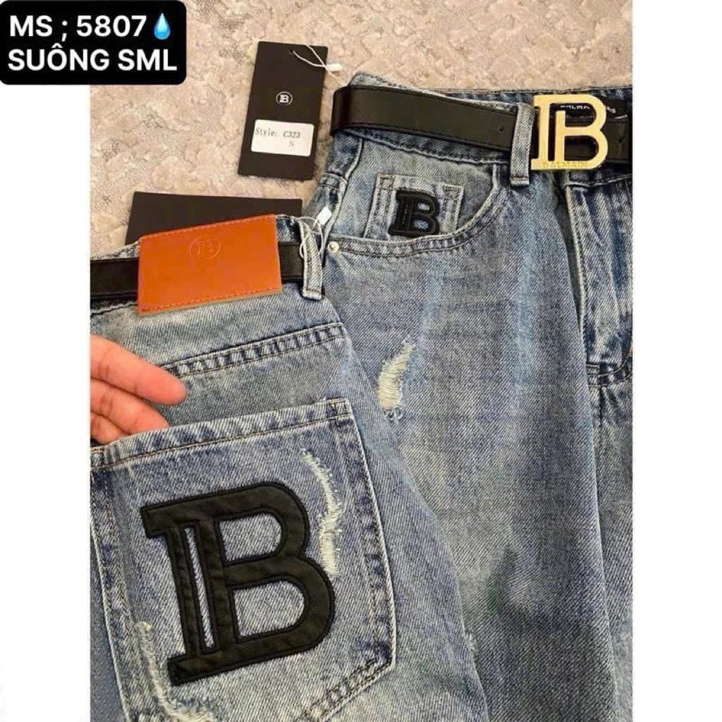 Quần jeans suông thêu túi sau chữ IB,Quần bò ống rộng  rách gối