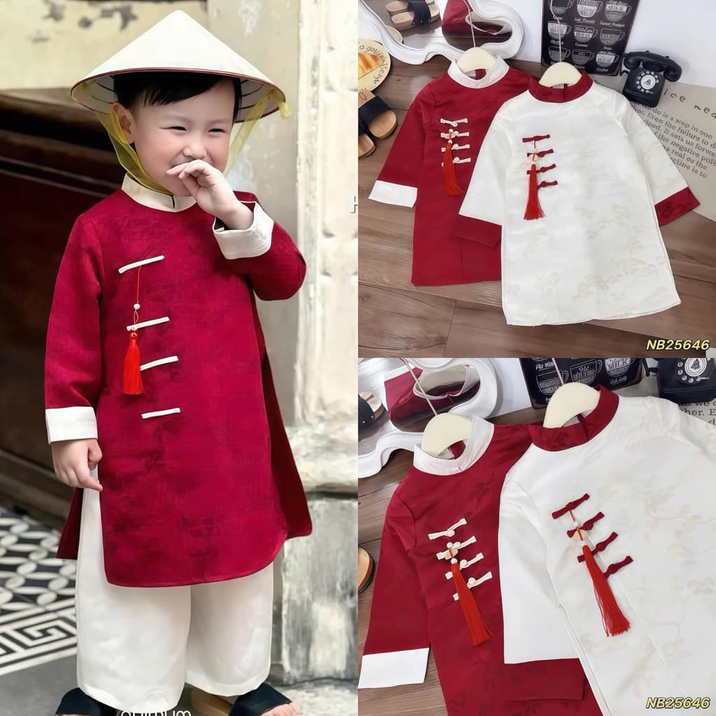{Chất gấm đẹp} Áo dài cho bé trai sz 8-35kg, Áo dài tết cho bé trai 2 màu đỏ trắng
