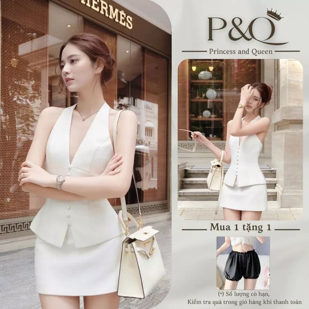 Set váy nữ P&Q áo cổ yếm nút ngọc phối chân váy chữ A phong cách tiểu thư sang trọng | set0030