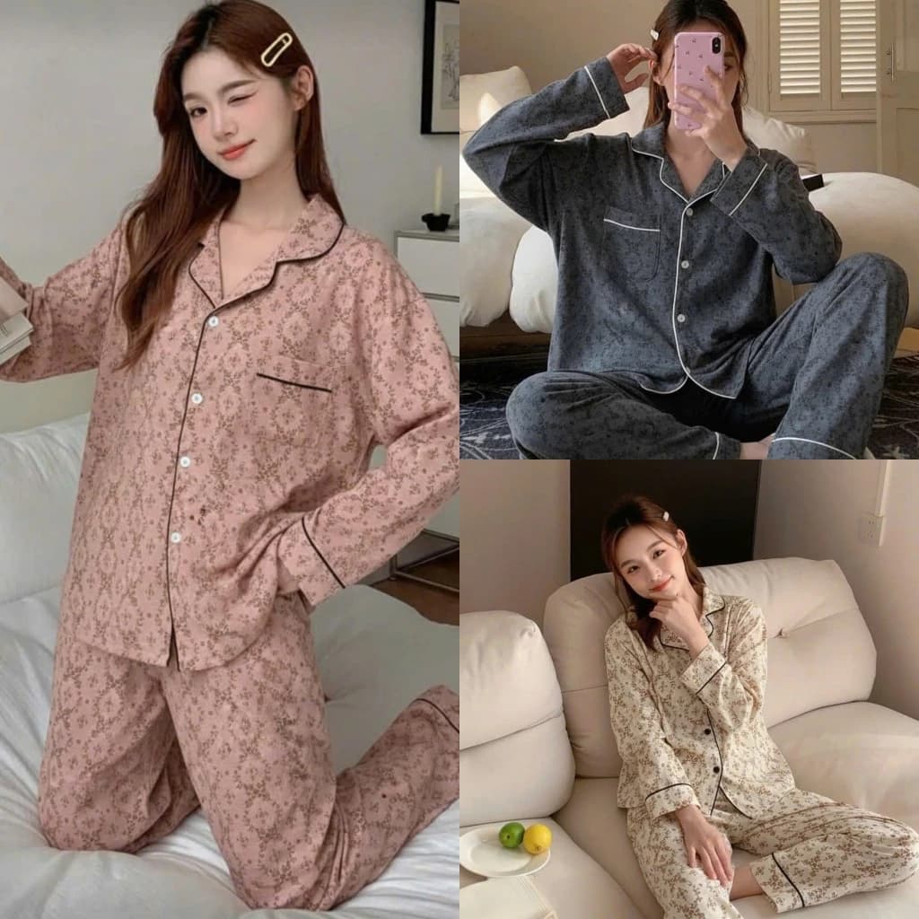Bộ đồ ngủ dài  tay chất đẹp hoa tiết hoa nhỏ sang chảnh - Bộ pijama ngủ mùa thu đông B64