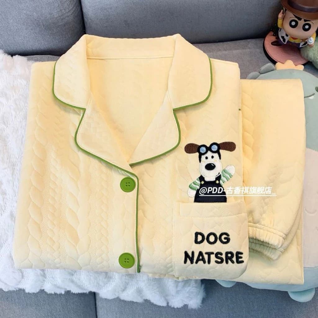 Bộ đồ ngủ pijama bông chần ấm áp cổ vest thêu hình thú dễ thương