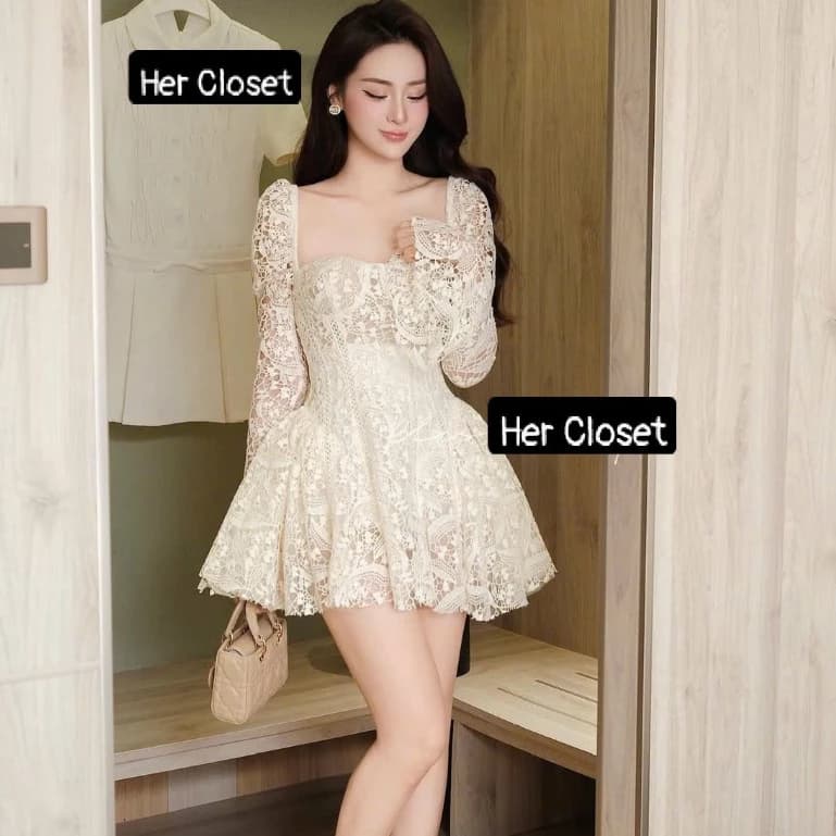 [VÁY THIẾT KẾ] Đầm ren corset dáng ngắn xòe nhẹ, váy tay dài cổ vuông tôn dáng sang chảnh đầm dự tiệc váy đi chơi, sẵ...