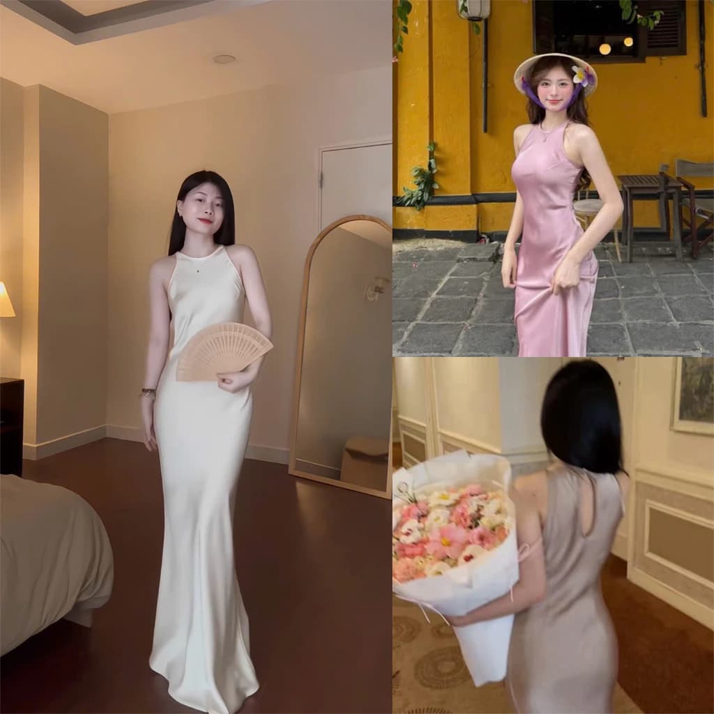 Đầm Lụa Cổ Yếm Form Dài Không Dây Kéo, Không Mút, Một Lớp Nữ Dress Women - LYC