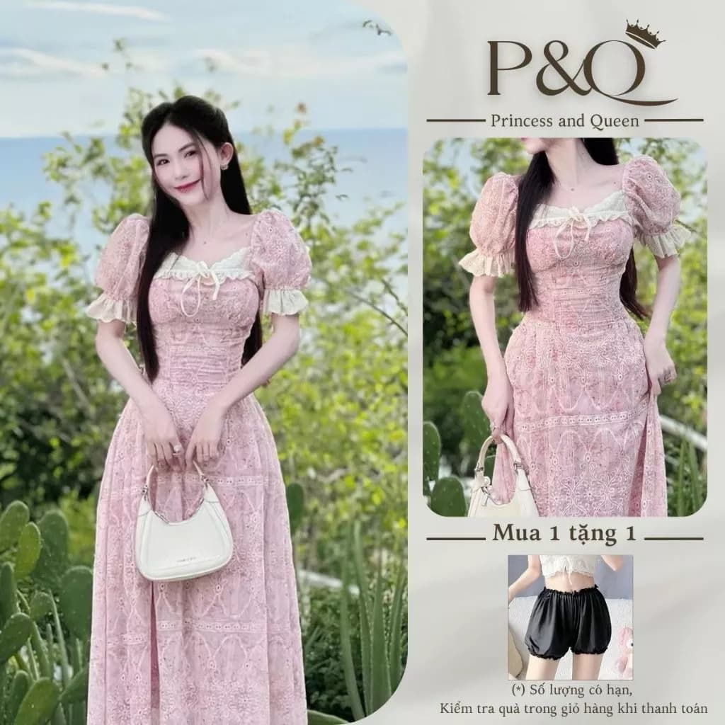 Đầm xòe maxi P&Q tay bồng hai lớp vải hoa thêu đục lỗ có bigsize | vd0035