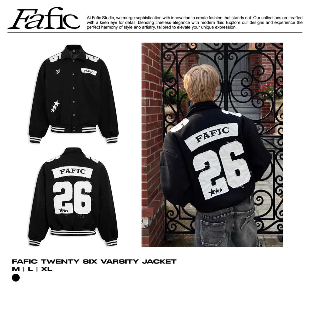 Áo khoác VARSITY BOXY NAM NỮ FULL HÌNH THÊU 26 FAFIC STUDIO , FULL DẠ , BOMBER JACKET DẠ 2 LỚP form rộng