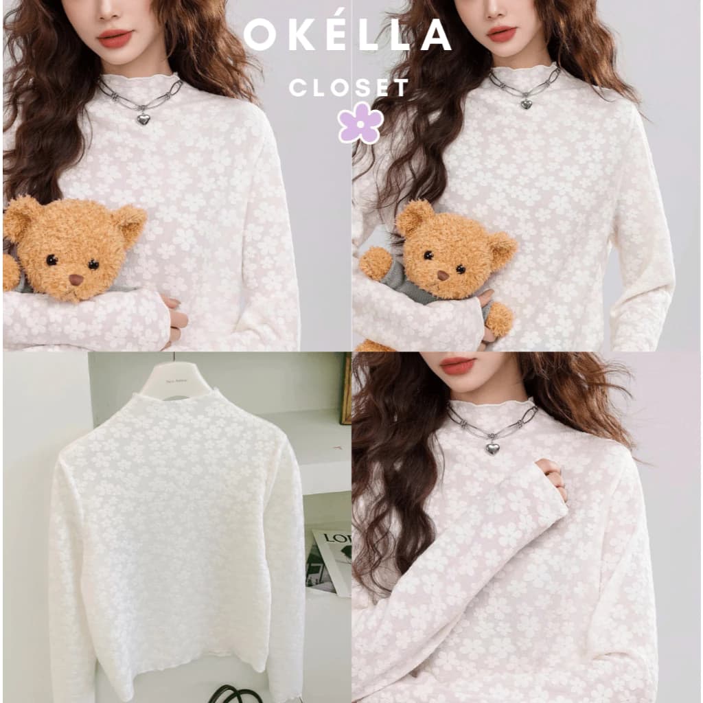 [SẴN] Áo Ren thun mỏng xô hoa mai giữ nhiệt cổ nhún viền sóng LIZZY TOP Okélla