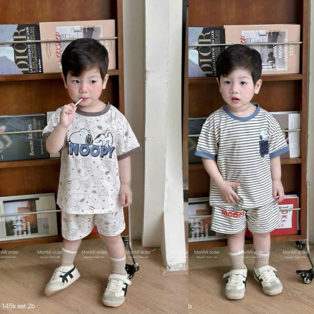 Sét Bộ Cộc Tay Snoopy Họa Tiết In Hình Cún Dễ Thương Phù Hợp Mọi Phong Cách Cho Bé Size 8-20kg