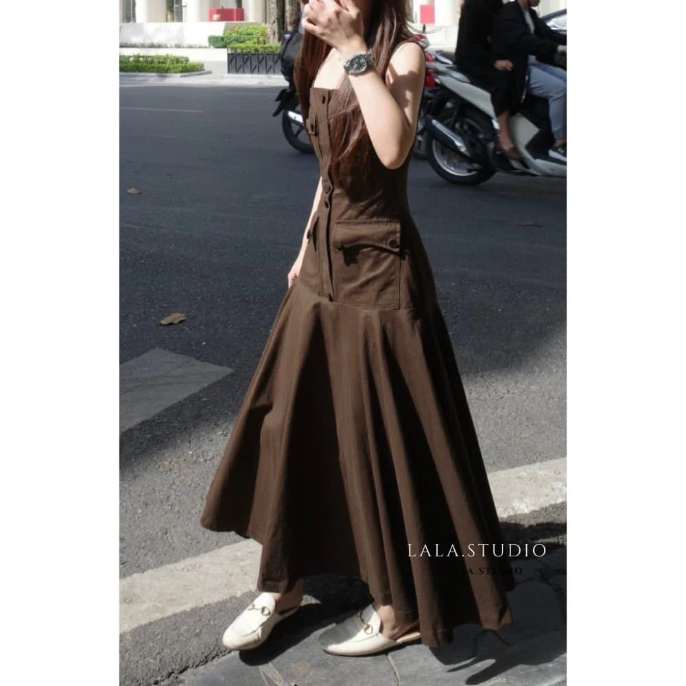 Sophia•LALASTUDIO• Váy 2 dây phối túi ngực siết eo chân váy dáng dài tùng xoè tiểu thư thanh lịch
