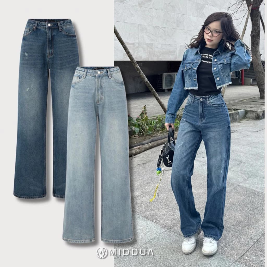 MIDDUA - JN207 Suông denim nữ ống đứng, rách mài
