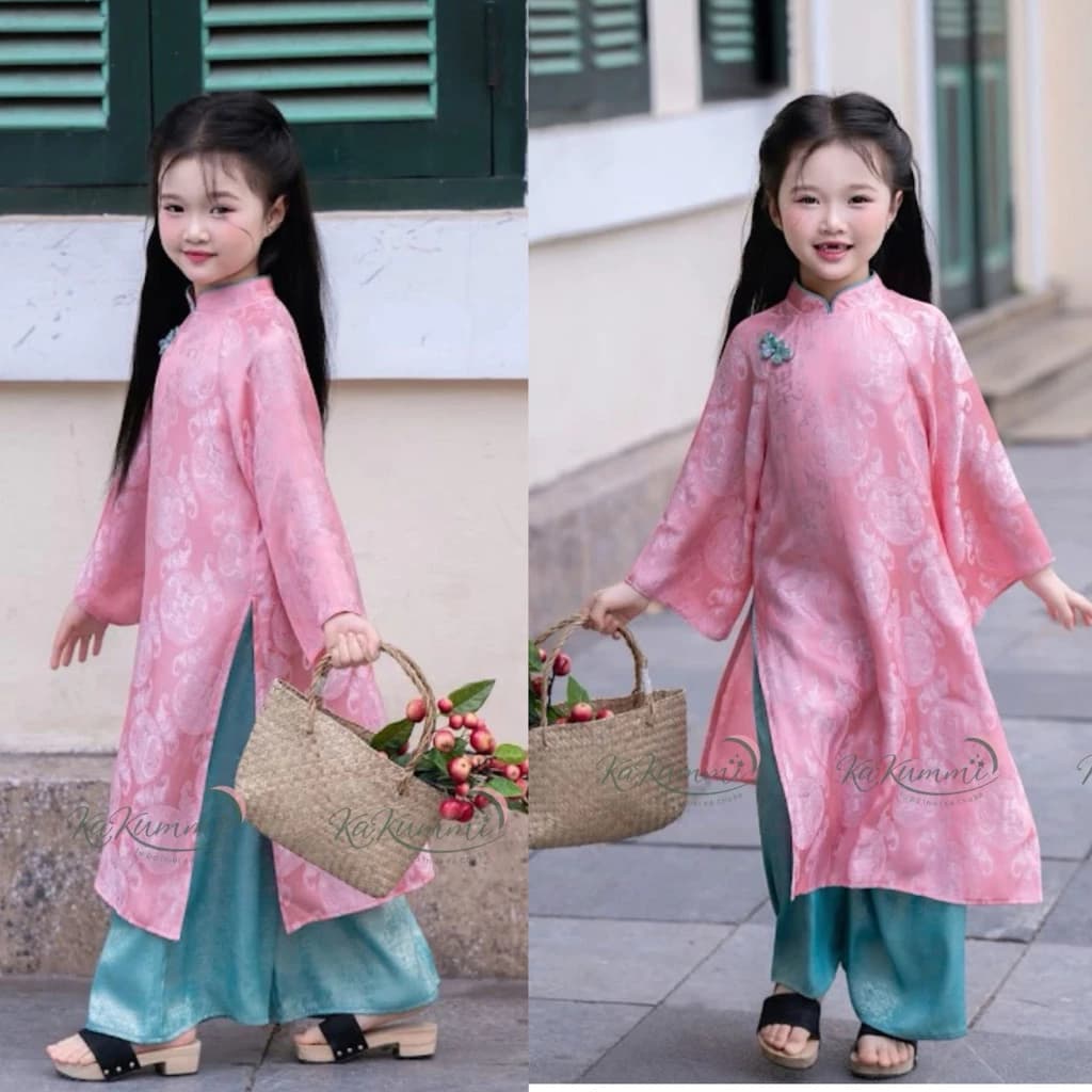 Áo dài cách tân cho bé gái 10-35kg chất gấm lụa, Áo dài tết cho bé gái phong cách cung đình huê