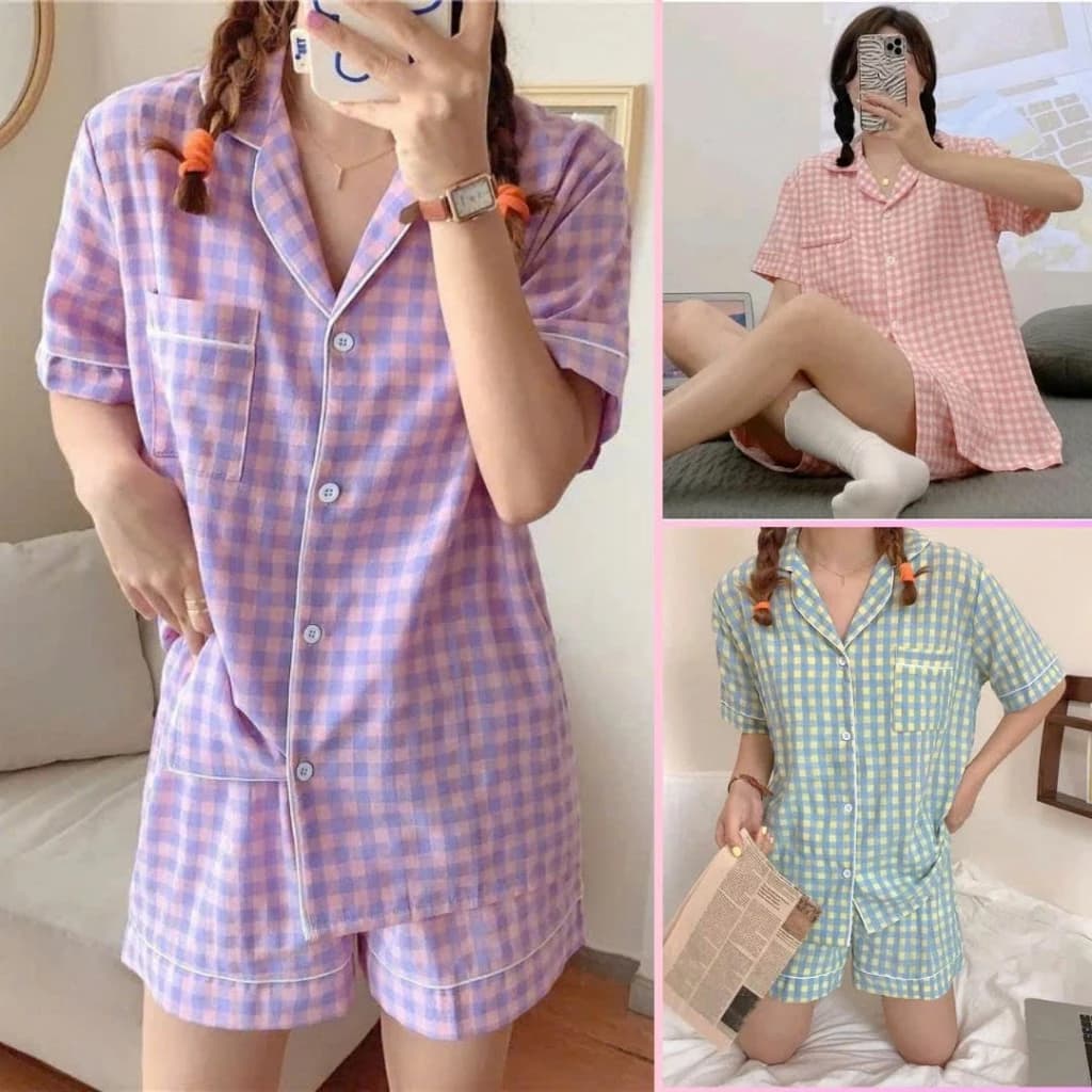 Bộ pijama cộc đùi caro viền form rộng - Set đồ ngủ mặc ở nhà áo ngắn tay kèm quần short thun hàn quốc ulzzang