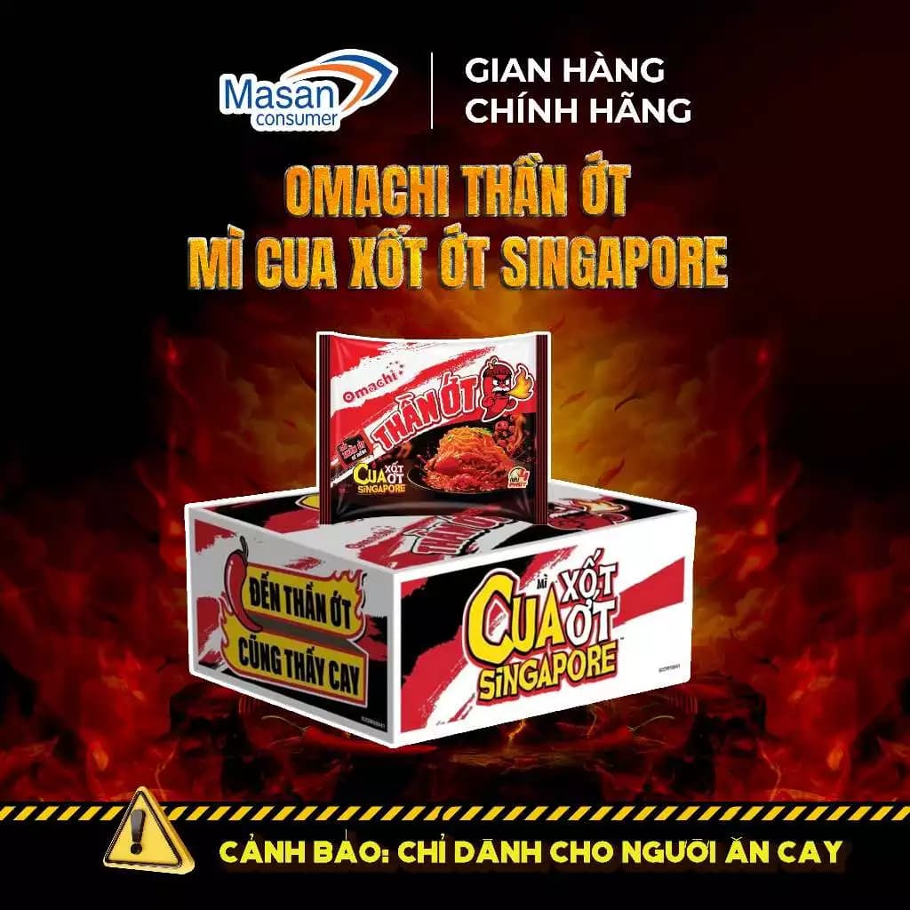 Mì cay Omachi Thần Ớt Siêu Cay Cua xốt ớt Singapore - Thùng 24 gói x 128gr